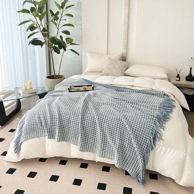 Pături verzi pentru canapea Pături decorative țesute cu vafe cu ciucuri Pături moi și ușoare pentru pat