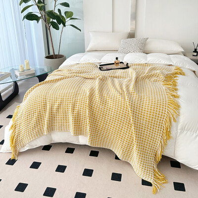 Pături verzi pentru canapea Pături decorative țesute cu vafe cu ciucuri Pături moi și ușoare pentru pat