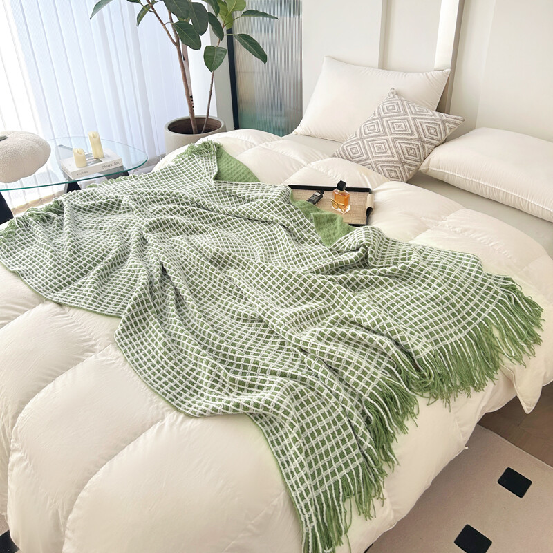 Pături verzi pentru canapea Pături decorative țesute cu vafe cu ciucuri Pături moi și ușoare pentru pat