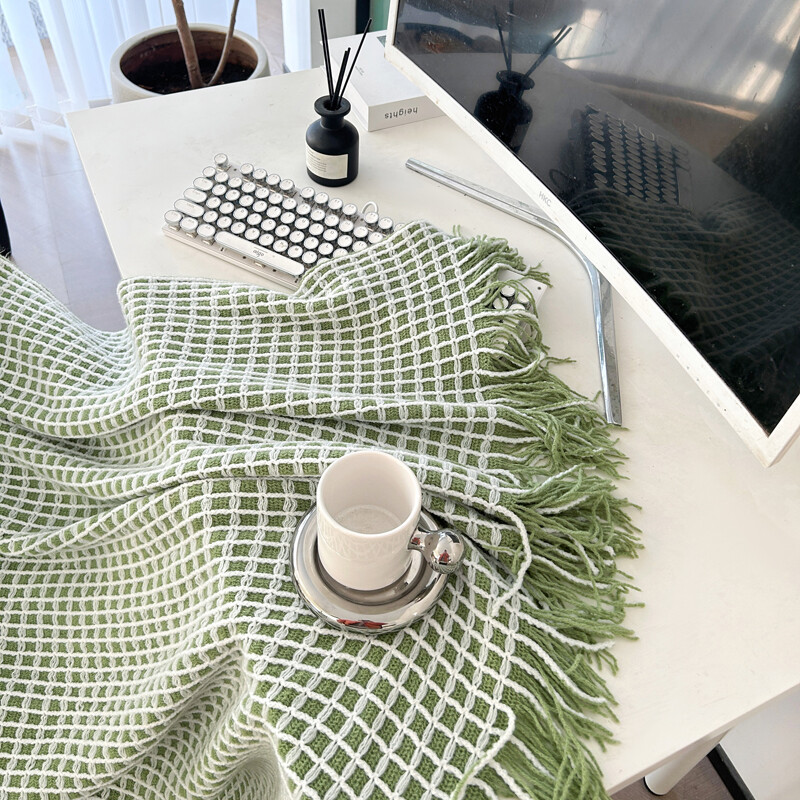 Pături verzi pentru canapea Pături decorative țesute cu vafe cu ciucuri Pături moi și ușoare pentru pat