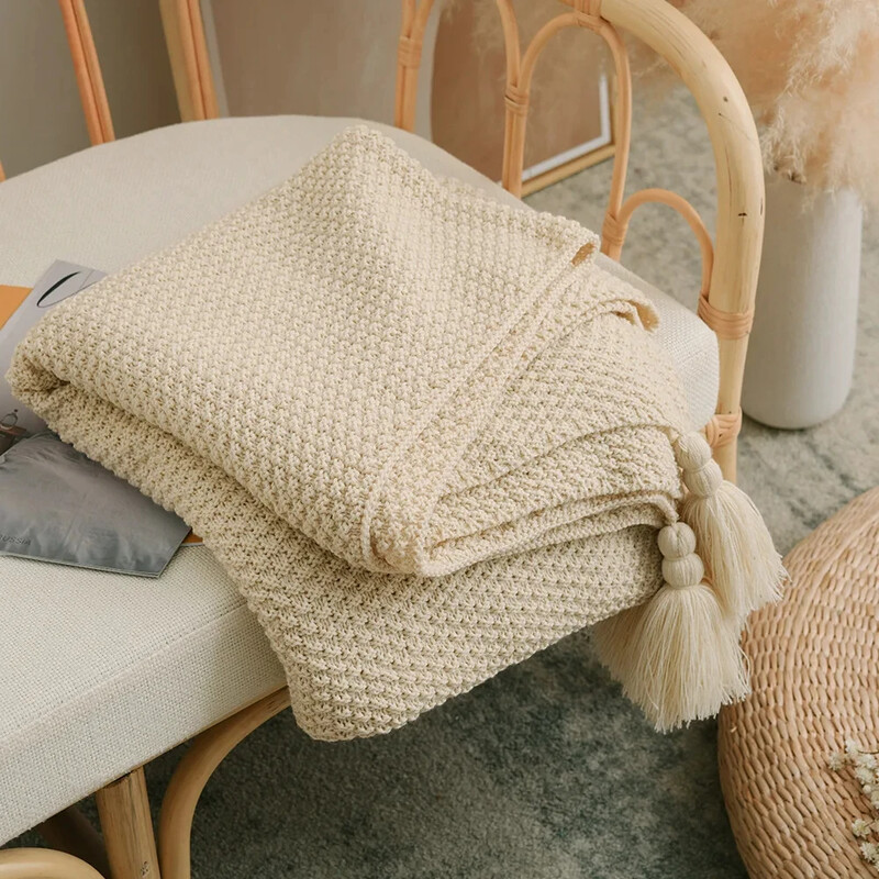 Šiaurės šalių megzta antklodė su kutais sofa Chunky Knitting Throw antklodė lovai sofai kėdei Paprastos spalvos vaflinės reljefinės antklodės