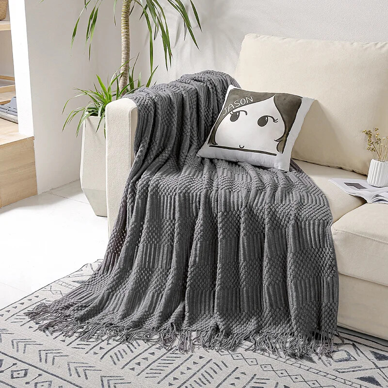 Šiaurės šalių megzta antklodė su kutais sofa Chunky Knitting Throw antklodė lovai sofai kėdei Paprastos spalvos vaflinės reljefinės antklodės