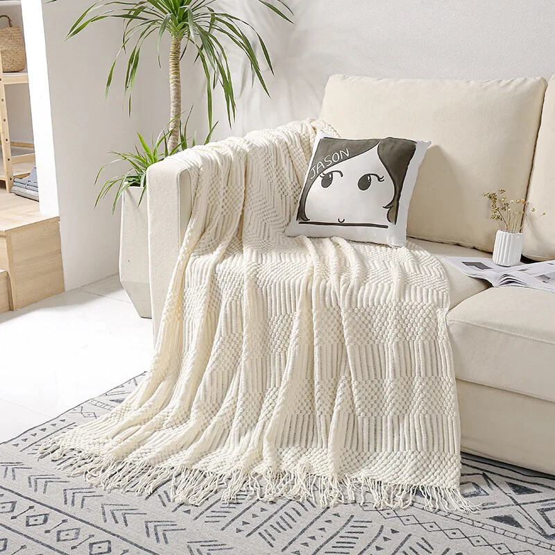 Šiaurės šalių megzta antklodė su kutais sofa Chunky Knitting Throw antklodė lovai sofai kėdei Paprastos spalvos vaflinės reljefinės antklodės
