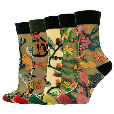 5 perechi/Set Franța Design Hipster Sticlă Mătase Floral Pasăre Sosete amuzante Femei Artă Transparentă Sosete glezne Jacquard