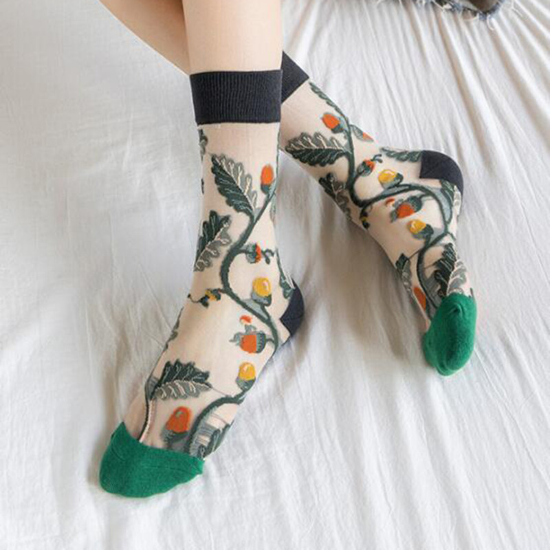 5 pár/szett Franciaország Hipster Design Üveg Selyem Virágos Madár Vicces zokni Női Átlátszó Mű Boka Zokni Jacquard