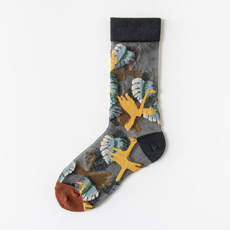 5 pár/szett Franciaország Hipster Design Üveg Selyem Virágos Madár Vicces zokni Női Átlátszó Mű Boka Zokni Jacquard