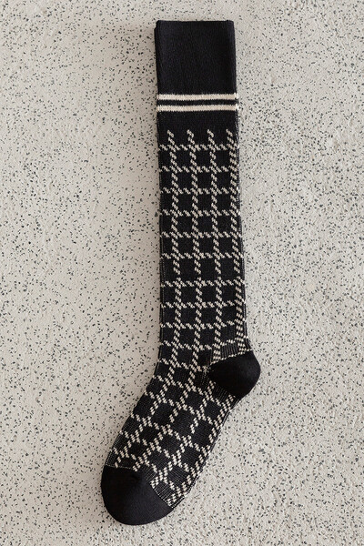 Νέα μόδα χοντρές γυναίκες Μαύρη ψηλή κάλτσα Φθινοπωρινό Χειμώνα Κυρία Άνετα καρό ζεστές μακριές κάλτσες για γυναίκες