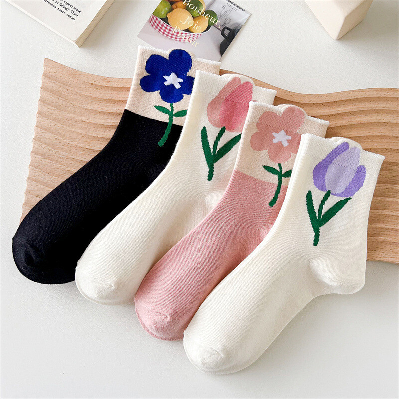 3 páry dámskych krátkych ponožiek, vysoko kvalitnej bavlny, priedušných, ležérnych, japonských, Harajuku, Kawaii, kvetinových, módnych, dámskych, so strednou trubicou