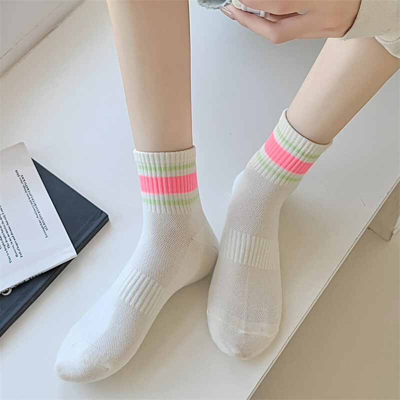 Dámske ponožky, tenké nové, zmiešané farby, ležérne pruhované, priedušné sieťované ponožky, preppy štýl, jednoduché, trendy, ležérne, základné, dievčenské biele ponožky