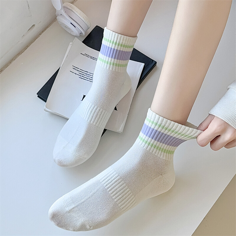 Dámske ponožky, tenké nové, zmiešané farby, ležérne pruhované, priedušné sieťované ponožky, preppy štýl, jednoduché, trendy, ležérne, základné, dievčenské biele ponožky