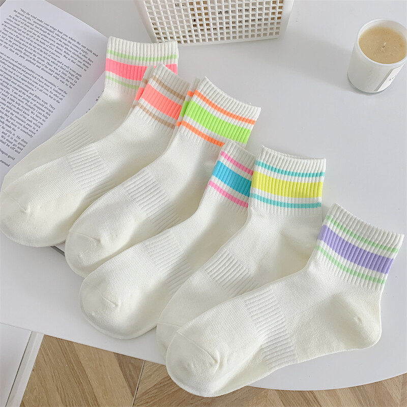 Dámske ponožky, tenké nové, zmiešané farby, ležérne pruhované, priedušné sieťované ponožky, preppy štýl, jednoduché, trendy, ležérne, základné, dievčenské biele ponožky