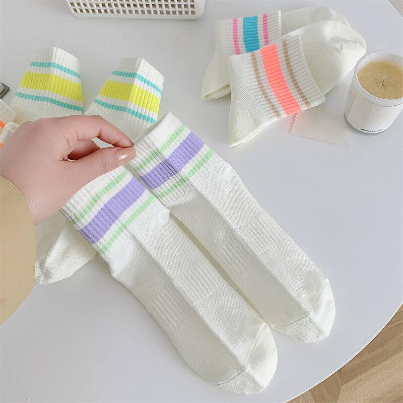 Dámske ponožky, tenké nové, zmiešané farby, ležérne pruhované, priedušné sieťované ponožky, preppy štýl, jednoduché, trendy, ležérne, základné, dievčenské biele ponožky
