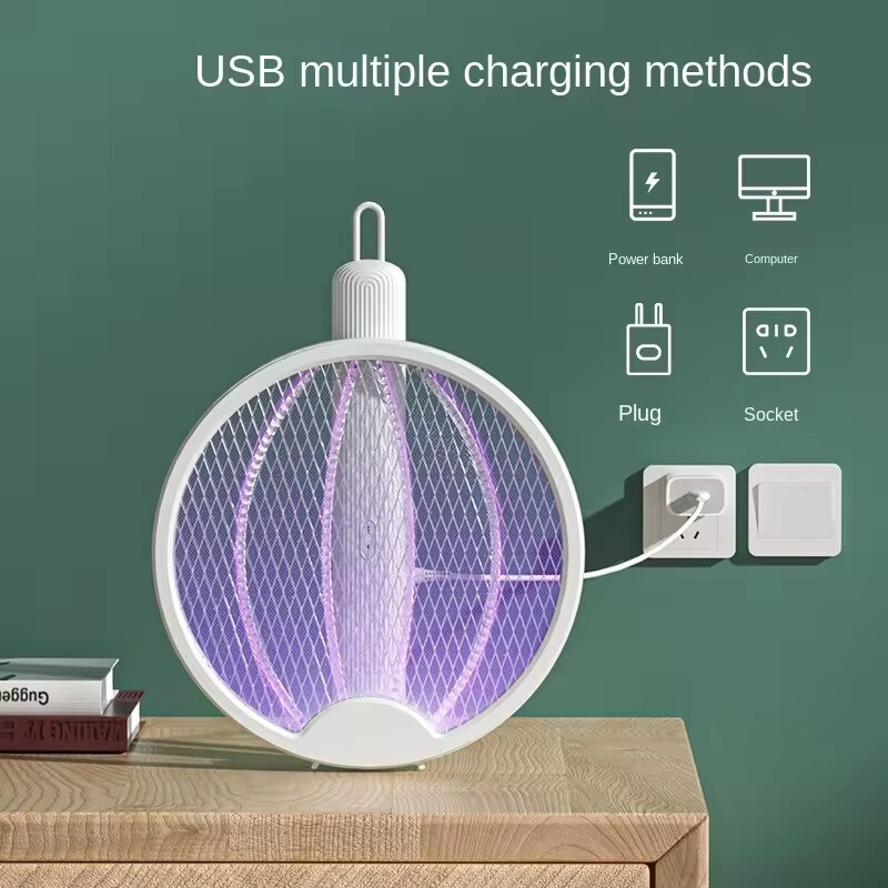 Skladacia elektrická raketa na muchy, prenosná raketa na hubenie hmyzu, lampa na lapanie much a komárov, nabíjateľná cez USB, do interiéru a...