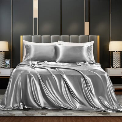 Set de husă de pilotă de lux Set de lenjerie de pat din satin din raion de culoare solidă Include husă de pilota cearșaf plat față de pernă Queen King Size Navă gratuită