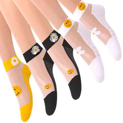 5 ζευγάρια καλοκαιρινές γυναικείες μεταξωτές κάλτσες Δαντέλα αστράγαλο Εξαιρετικά λεπτή κοριτσίστικη διαφανή μόδα από γυάλινες ίνες Daisy Flower Χαριτωμένο στυλ Harajuku