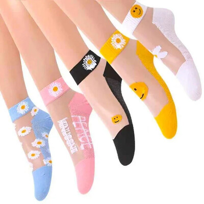 5 ζευγάρια καλοκαιρινές γυναικείες μεταξωτές κάλτσες Δαντέλα αστράγαλο Εξαιρετικά λεπτή κοριτσίστικη διαφανή μόδα από γυάλινες ίνες Daisy Flower Χαριτωμένο στυλ Harajuku