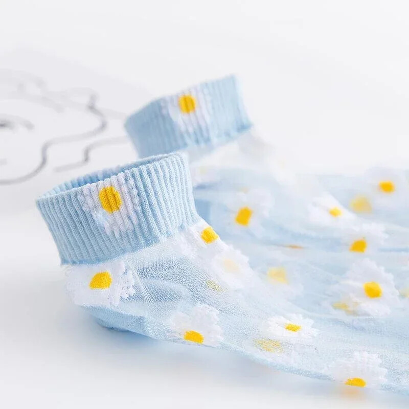 5 ζευγάρια καλοκαιρινές γυναικείες μεταξωτές κάλτσες Δαντέλα αστράγαλο Εξαιρετικά λεπτή κοριτσίστικη διαφανή μόδα από γυάλινες ίνες Daisy Flower Χαριτωμένο στυλ Harajuku