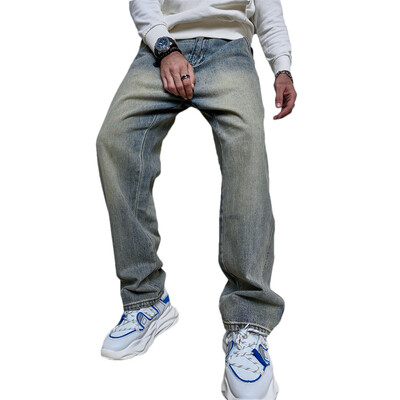 Pánske retro jednoduché štýlové rovné voľné džínsy nohavice pre pánske streetwear štýlové pevné bavlnené joggingové džínsové nohavice