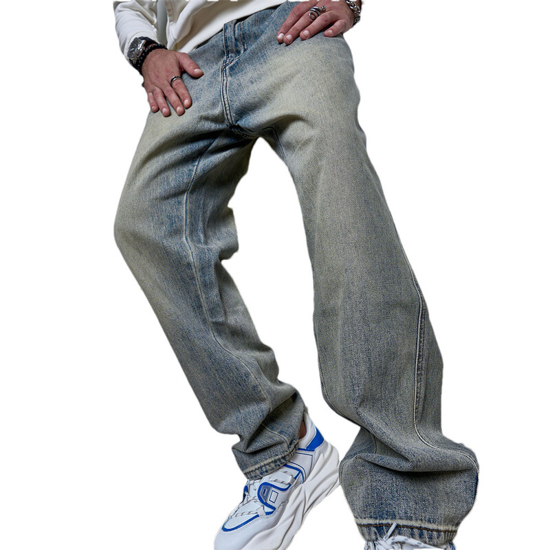 Pánske retro jednoduché štýlové rovné voľné džínsy nohavice pre pánske streetwear štýlové pevné bavlnené joggingové džínsové nohavice