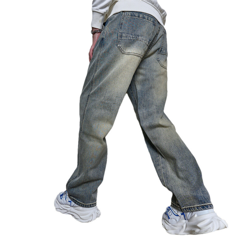 Pánske retro jednoduché štýlové rovné voľné džínsy nohavice pre pánske streetwear štýlové pevné bavlnené joggingové džínsové nohavice