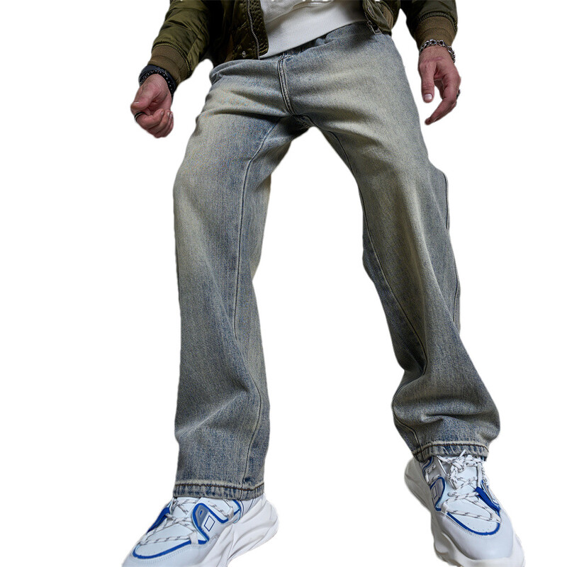 Pánske retro jednoduché štýlové rovné voľné džínsy nohavice pre pánske streetwear štýlové pevné bavlnené joggingové džínsové nohavice