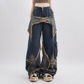 Y2K Vintage Blugi din denim pentru femei, îmbrăcăminte de stradă coreeană, pantaloni drepți estetici cu stea oversize, blugi cu picioare largi, pantaloni grunge, haine
