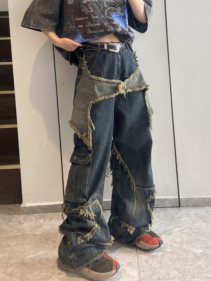 Y2K Vintage Blugi din denim pentru femei, îmbrăcăminte de stradă coreeană, pantaloni drepți estetici cu stea oversize, blugi cu picioare largi, pantaloni grunge, haine