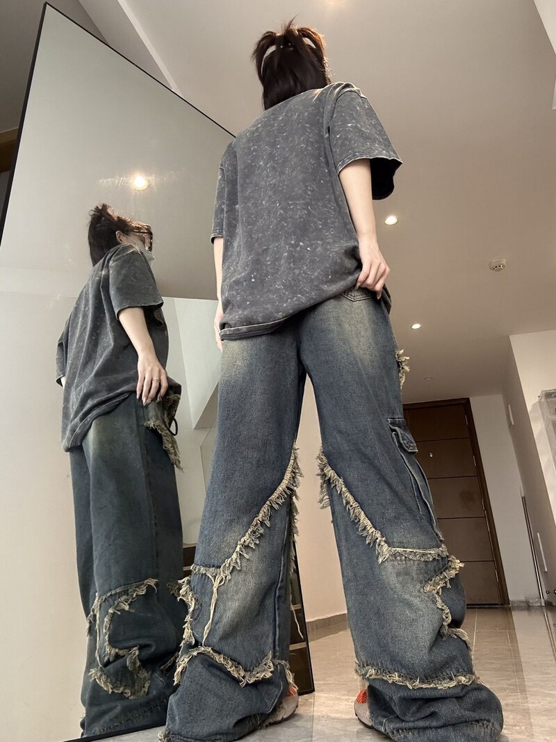 Y2K Vintage Blugi din denim pentru femei, îmbrăcăminte de stradă coreeană, pantaloni drepți estetici cu stea oversize, blugi cu picioare largi, pantaloni grunge, haine