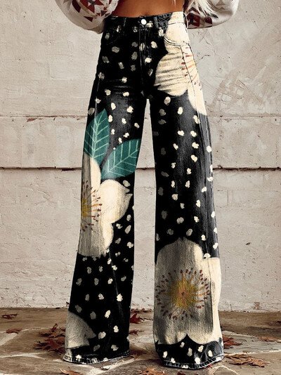 Új divatos női ruházat, megnagyobbított női bő alkalmi nadrág, vékony farmerutánzat széles szárú nadrág, 3D nyomtatású farmer