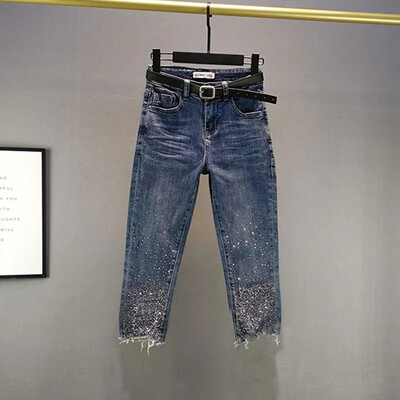 Letné nové dámske džínsy Petite Rhinestone s vysokým pásom, slim fit, ceruzkové nohavice