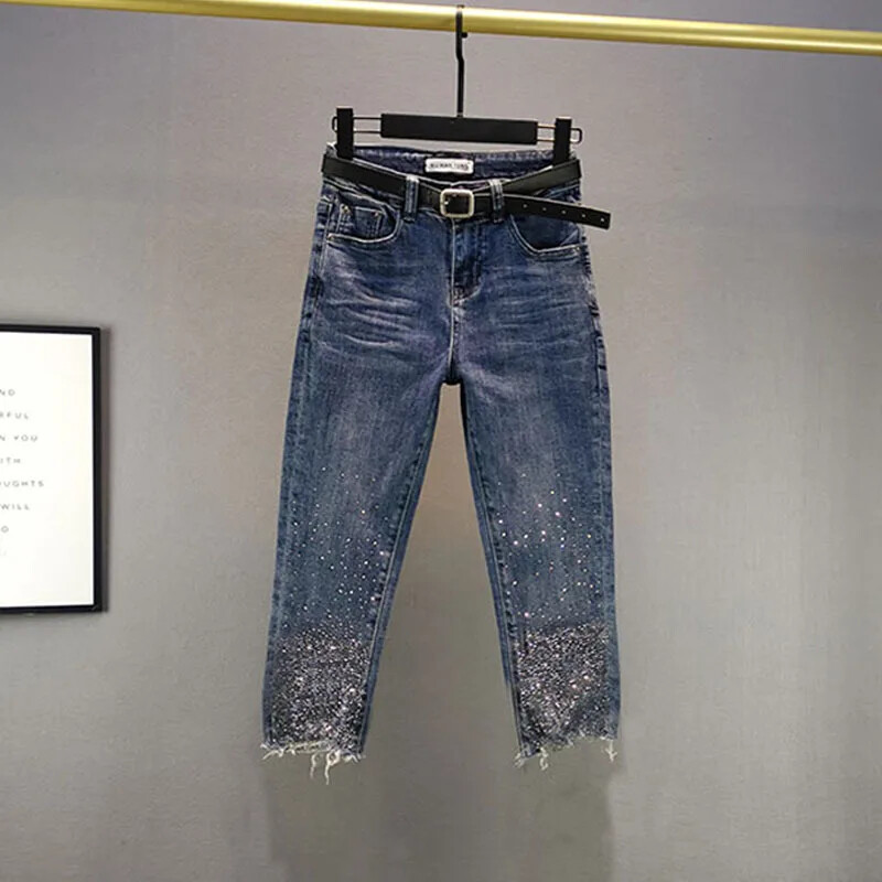 Letné nové dámske džínsy Petite Rhinestone s vysokým pásom, slim fit, ceruzkové nohavice