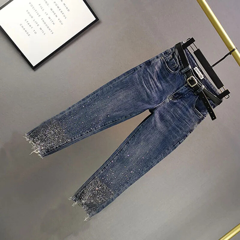 Letné nové dámske džínsy Petite Rhinestone s vysokým pásom, slim fit, ceruzkové nohavice