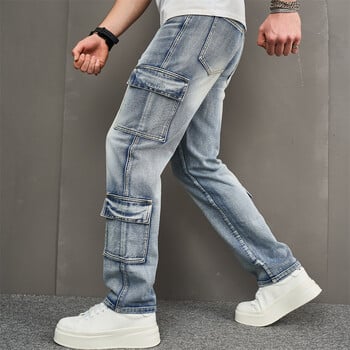 Ανδρικά Πολλαπλές τσέπες Cargo Jeans Κομψά Streetwear Ανδρικά χαλαρά Ξυλουργικά ίσια καθημερινά τζιν παντελόνια