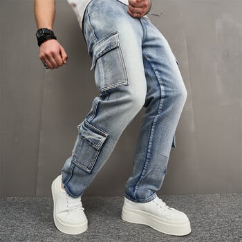 Ανδρικά Πολλαπλές τσέπες Cargo Jeans Κομψά Streetwear Ανδρικά χαλαρά Ξυλουργικά ίσια καθημερινά τζιν παντελόνια