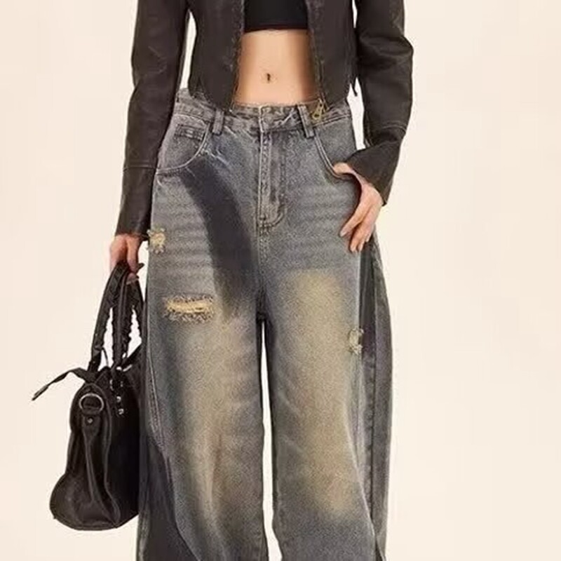 Pantaloni din denim cu îmbinare cu graffiti, pentru femei, blugi Y2k, punk, hip hop, blugi rupti pentru femei Harajuku Rock, cu picior lat, blugi largi învechiți