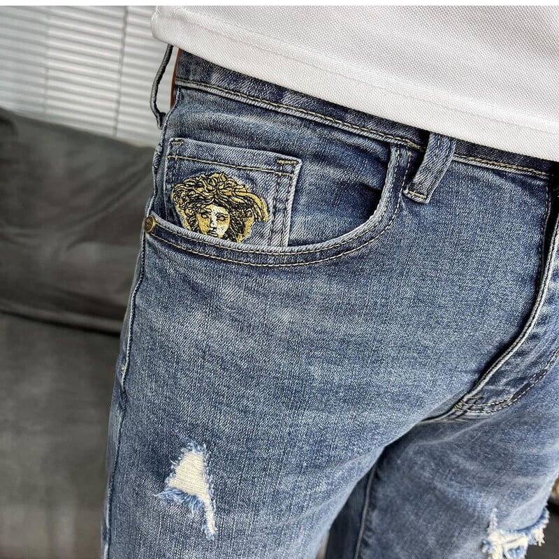 2024, blugi casual pentru bărbați, primăvară, toamnă, de lux, subțiri, cu găuri învechite, pantaloni cerșetori, la modă și la modă, blugi prietenos