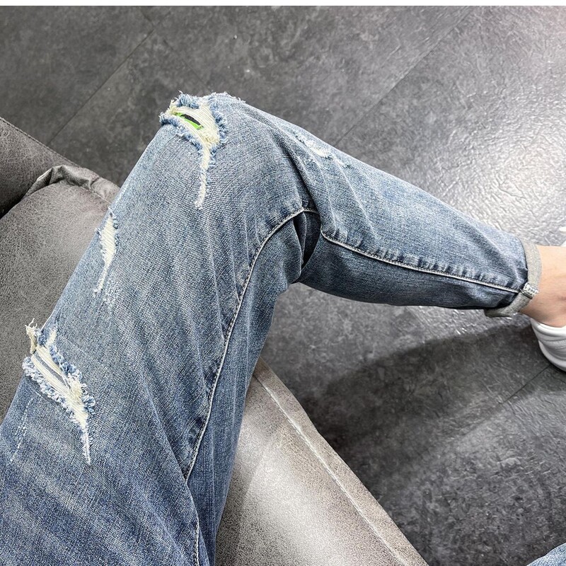 2024, blugi casual pentru bărbați, primăvară, toamnă, de lux, subțiri, cu găuri învechite, pantaloni cerșetori, la modă și la modă, blugi prietenos