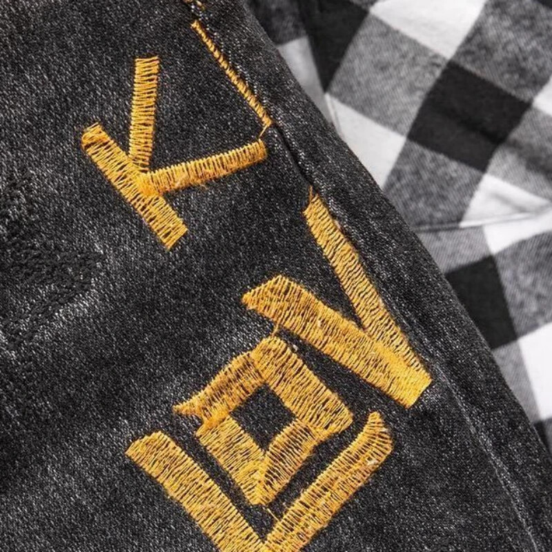 Панталони Еластични мъжки каубойски панталони Заужени улични мъжки дънки Черни разтегливи прави бродерии с букви Изпрани луксозни Y2k меки