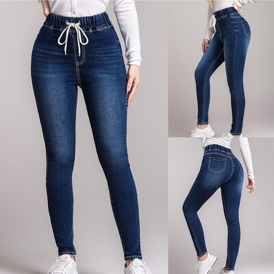Toamna 2024, noi femei, cu talie elastică până la gleznă, blugi cu talie înaltă, stretch, la modă, cu șnur, pantaloni denim strâns, S-2xl