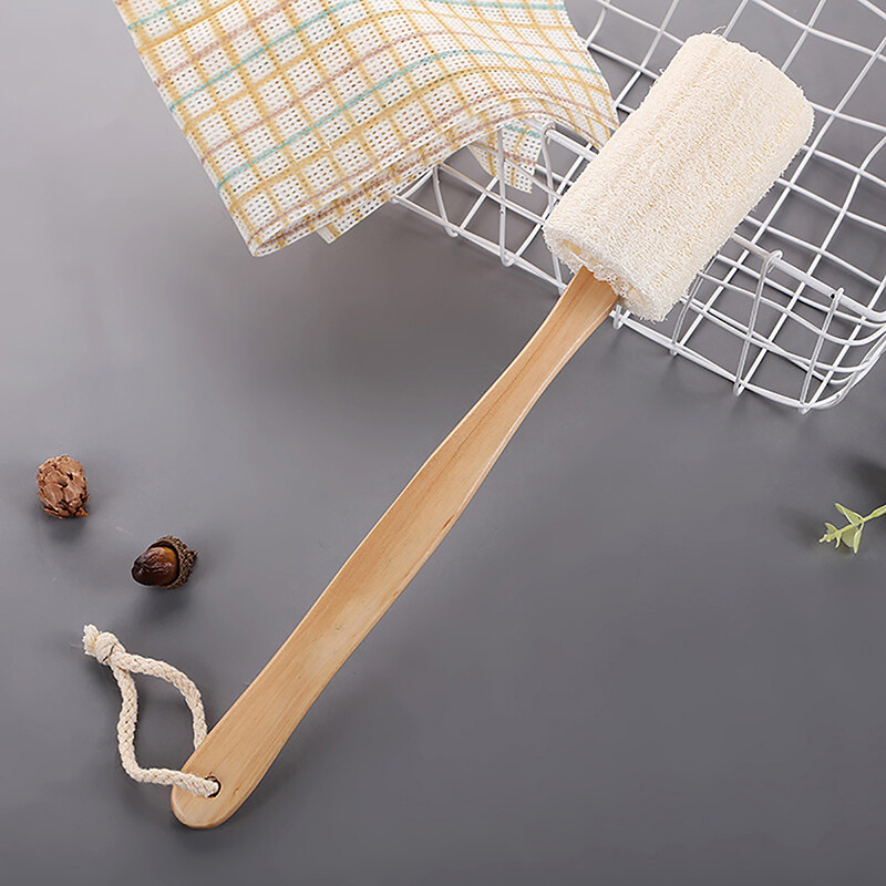 Természetes hámlasztó luffa fürdőkefe Luffa szivacsos testradír hosszú fa nyelű hátkefével Bőrápoló Unisex otthoni tisztítás