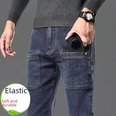 Toamnă, blugi pentru bărbați, elastici, cu buzunare multiple, pantaloni lungi, pantaloni casual din denim, șase buzunare