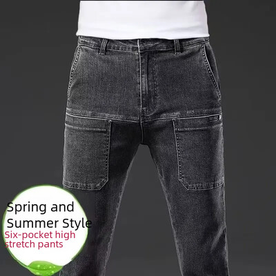 Toamnă, blugi pentru bărbați, elastici, cu buzunare multiple, pantaloni lungi, pantaloni casual din denim, șase buzunare
