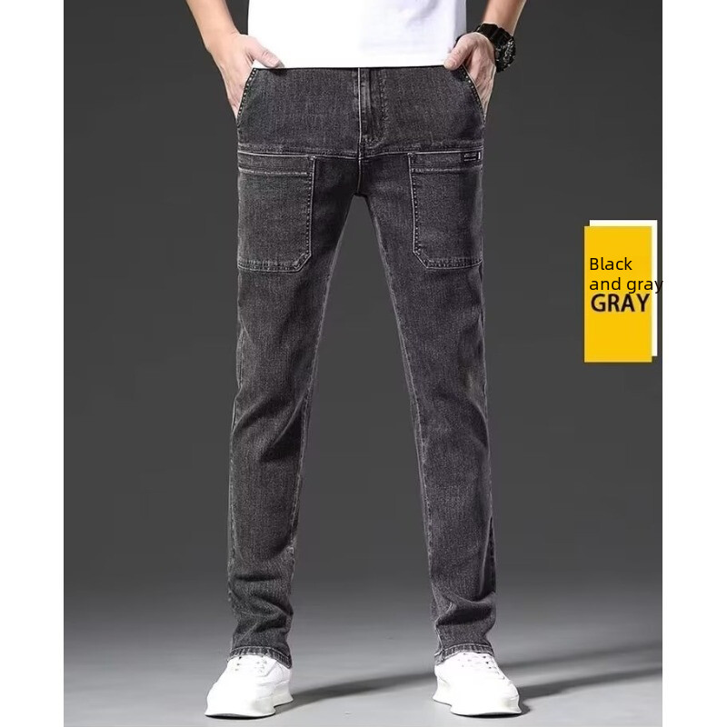 Toamnă, blugi pentru bărbați, elastici, cu buzunare multiple, pantaloni lungi, pantaloni casual din denim, șase buzunare