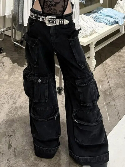 Alkalmi farmer Amerikai mosott, több zsebes munkafarmer Y2K retro női utcai fekete egyenes szárú bő széles szárú nadrág