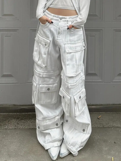 Blugi casual, spălați americani, cu buzunare multiple, pantaloni largi, largi, negri, retro, Y2K