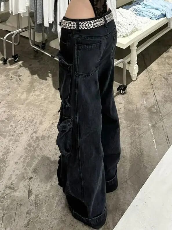 Blugi casual, spălați americani, cu buzunare multiple, pantaloni largi, largi, negri, retro, Y2K