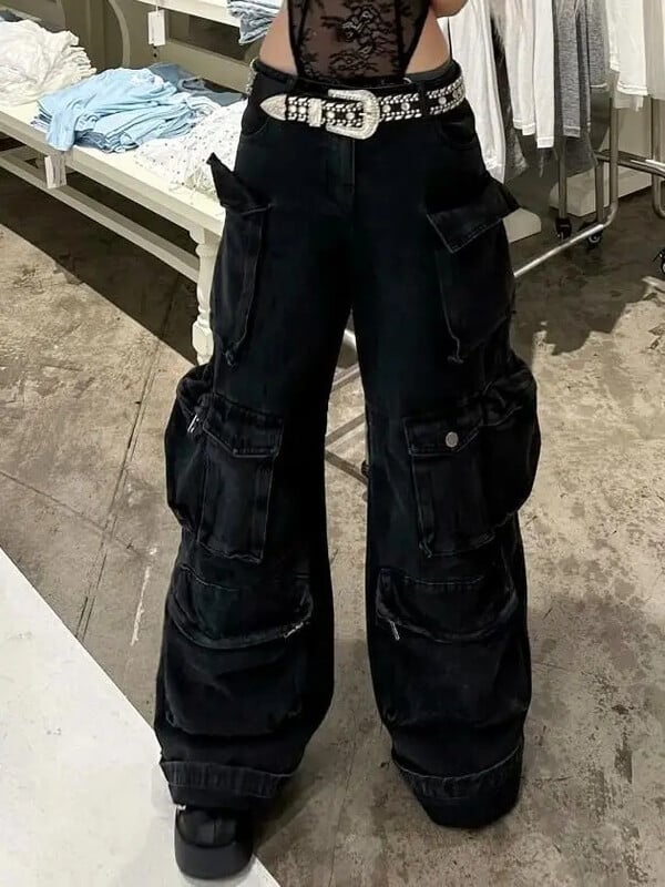 Blugi casual, spălați americani, cu buzunare multiple, pantaloni largi, largi, negri, retro, Y2K