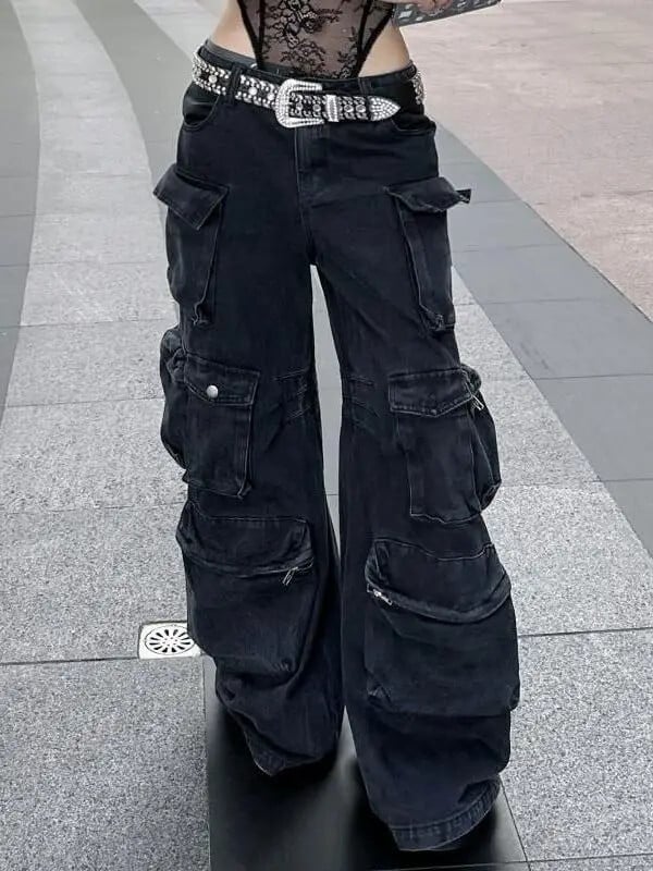 Blugi casual, spălați americani, cu buzunare multiple, pantaloni largi, largi, negri, retro, Y2K