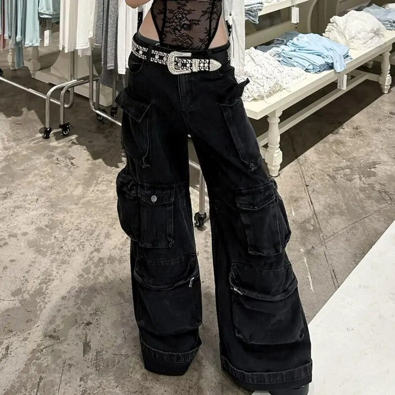 Blugi casual, spălați americani, cu buzunare multiple, pantaloni largi, largi, negri, retro, Y2K