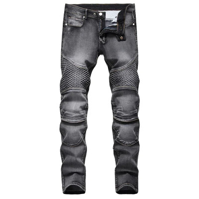 Férfi új alkalmi motoros farmernadrág Hip Hop utcai lovaglás sztreccs karcsú egyenes nadrág patchwork divat farmer nadrág férfi